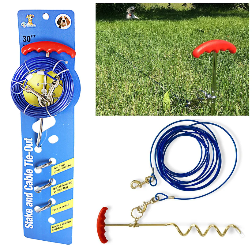 30ft Dog Tie Out Cable with Ground Spike Stake for Secure Outdoor Use 30ft Dog Tie Out Cable with Ground Spike Stake for Secure Outdoor Use