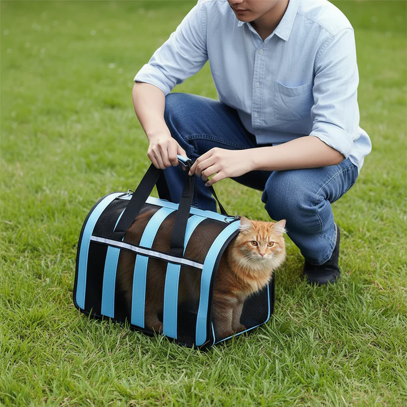 foldable striped mesh pet carrier case with handle & shoulder strap | dog & cat travel bag | 48.5 x 26 x 27cm | assorted colours foldable striped mesh pet carrier case with handle & shoulder strap | dog & cat travel bag | 48.5 x 26 x 27cm | assorted colours